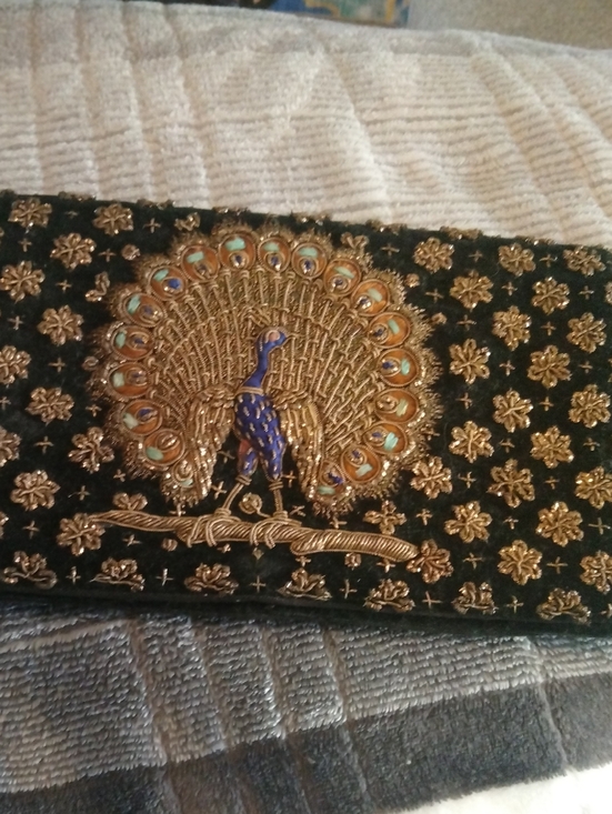 Accessories - 1940s Embroidered Peacock Evening Clutch - Black And Gold From India